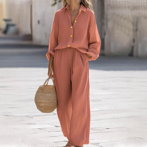 Casual lapel long-sleeved shirt trousers cotton multi-color women's suit FF303104