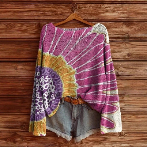 Vacation print casual cape top crew neck knitted sweater m302130