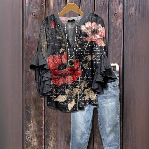 Digital printing casual trend V-neck lotus edge T-shirt women's m302725-2