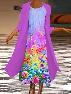 New women's long dress two-piece set flower and grass print crew neck dress m301251