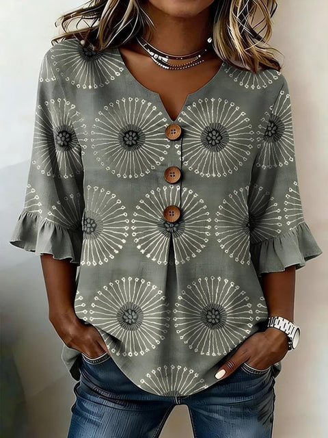 Small V-neck shirt flared sleeve printed button-down shirt m302753