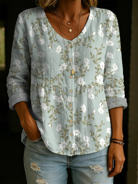 Crew Neck Women's Floral 3D Printed Women's Henley Shirt m302611