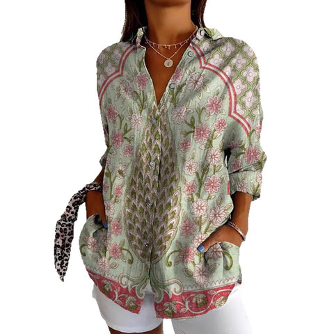 3D digital printing abstract pattern women's long-sleeved buckle linen shirt m302749 -2