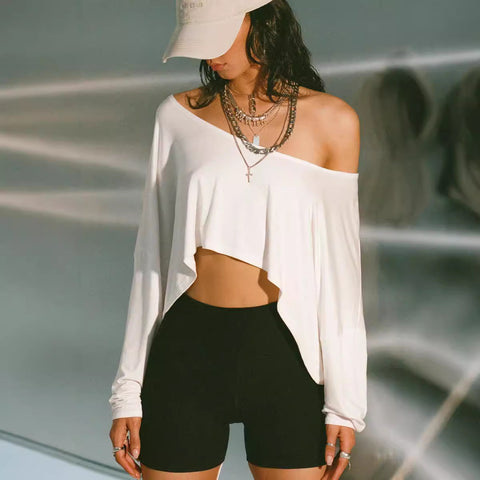 lazy style casual solid color short T-shirt slanted shoulder sexy loose shoulder long sleeve Spice girl short top m302942