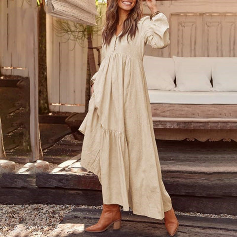 Button cotton and linen retro casual long-sleeved dress big swing long dress multi-color m301374