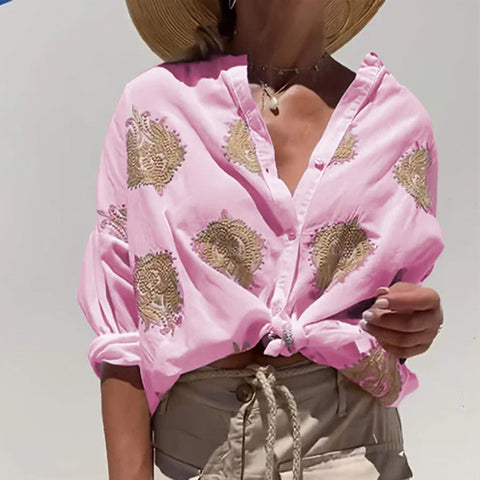 Printed Independent Station Long Sleeve Lapel Button Women's Shirt m301309