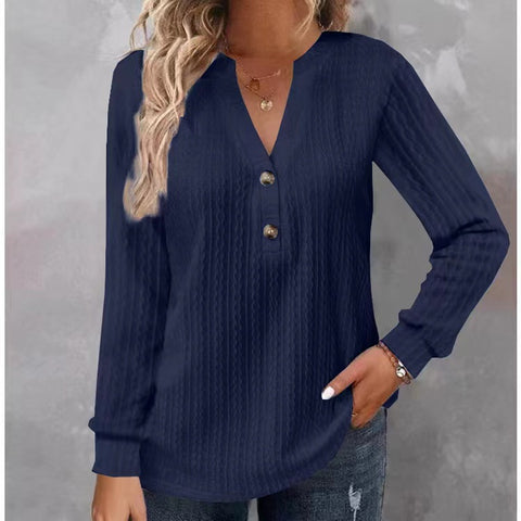 New long-sleeved solid color V-neck button-down T-shirt top m302223