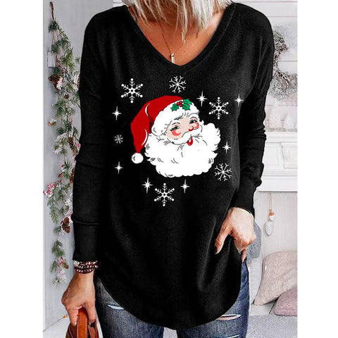 Loose 3D V-neck long-sleeved T-shirt women's Christmas printed bottoming shirt m302098