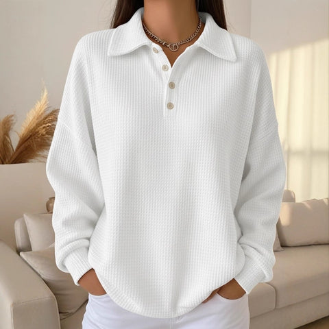 Loose solid color lapel versatile polo shirt waffle long sleeve women's top m302256