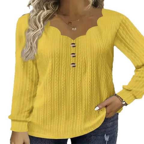 Women's solid color scallop V-neck chest button-down long-sleeved top T-shirt m301771