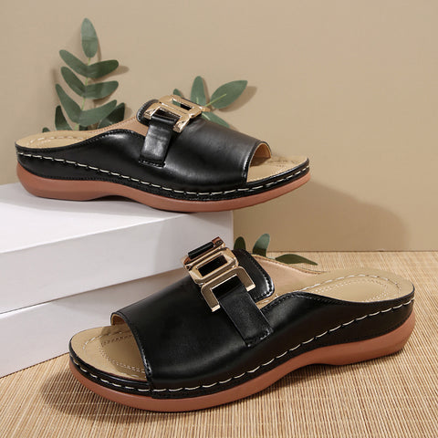 Large size solid color round head metal chain casual outer wear one-word sandals female m302833