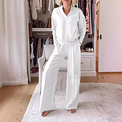V-neck long-sleeved loose top wide-leg pants two-piece set m301327