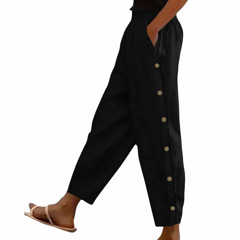 Side button pocket solid color mid-waist cotton and linen casual loose trousers m302831