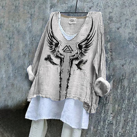 Long-sleeved printed casual pullover loose round neck single-piece T-shirt (without under shirt) m301042