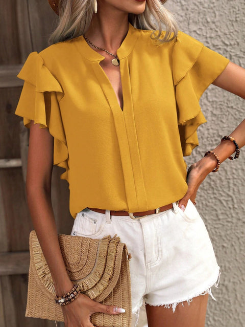 V-neck casual double-layer lotus leaf sleeve solid color shirt top m300883
