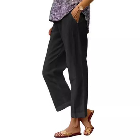 Cotton and linen loose solid color elastic waist pocket straight casual pants m301571