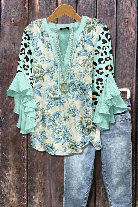 Creative floral element printing digital printing casual trend V-neck lotus edge T-shirt m301358