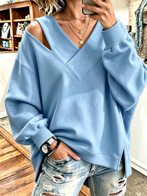 Open shoulder sweater autumn and winter new age-reducing foreign style V-neck leopard print long-sleeved top FF303328