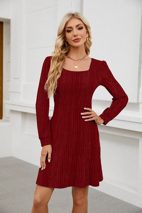 Square neck lantern sleeve doll pocket long sleeve dress m300921