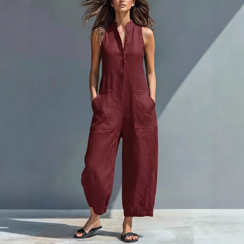 Sleeveless stand-up collar pocket jumpsuit m302843