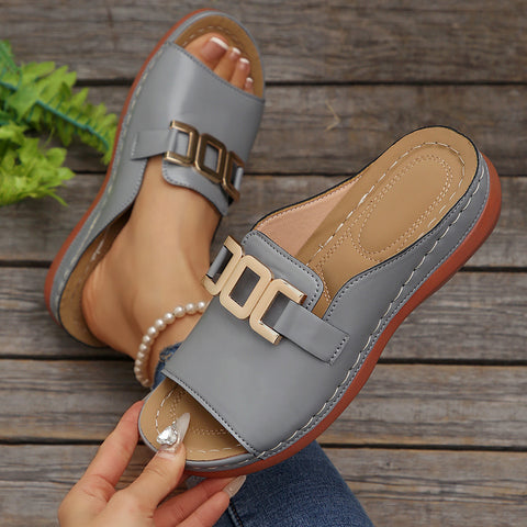 Large size solid color round head metal chain casual outer wear one-word sandals female m302833