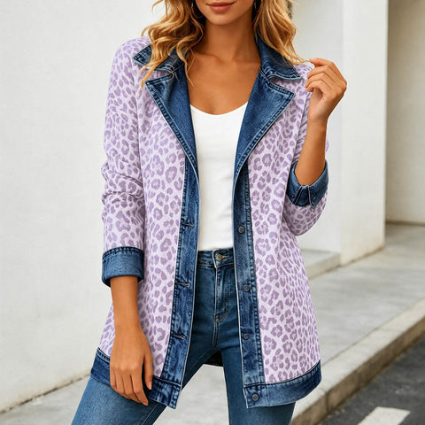 Leopard print denim jacket women's long-sleeved casual cardigan autumn loose jacket FF303339
