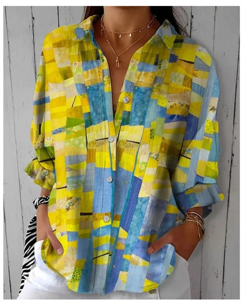 3D digital printing abstract pattern women's long-sleeved buckle linen shirt m302749 -2