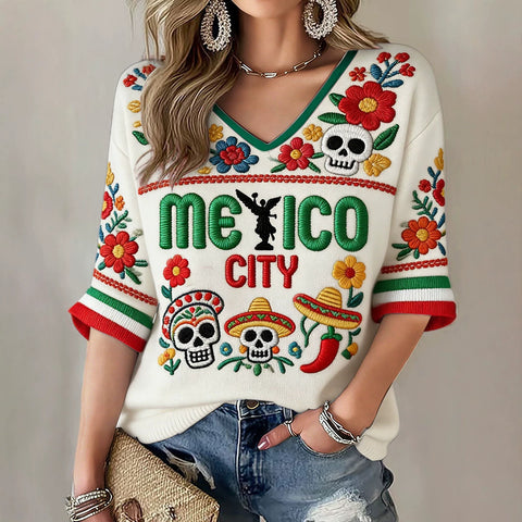 Down shoulder V-neck seven-quarter sleeve 3D printed women's top T-shirt m302844