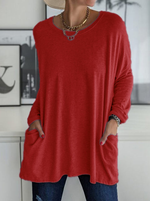 Crew neck long sleeve loose pocket solid color T-shirt casual women's clothing m301315