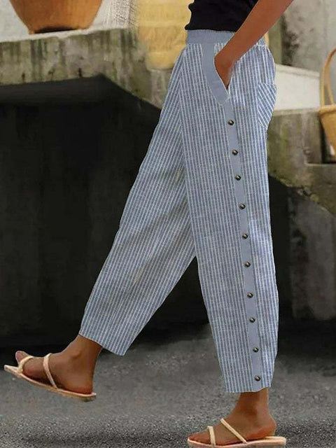 Fashion new printed striped button-up rubber band waist nine-point pants m301458
