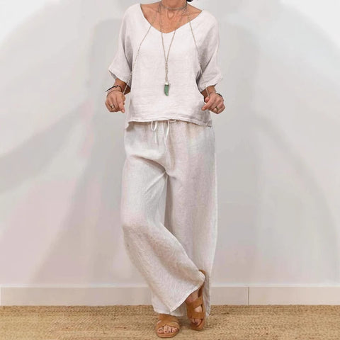 Casual V-neck pullover five-quarter sleeves plus trousers multi-colored women's two-piece set m301430