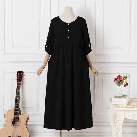 Women's Casual Loose Flip Sleeves Long Sleeves Crew Neck Pocket Large Size Cotton and Linen Dress Women's M302067