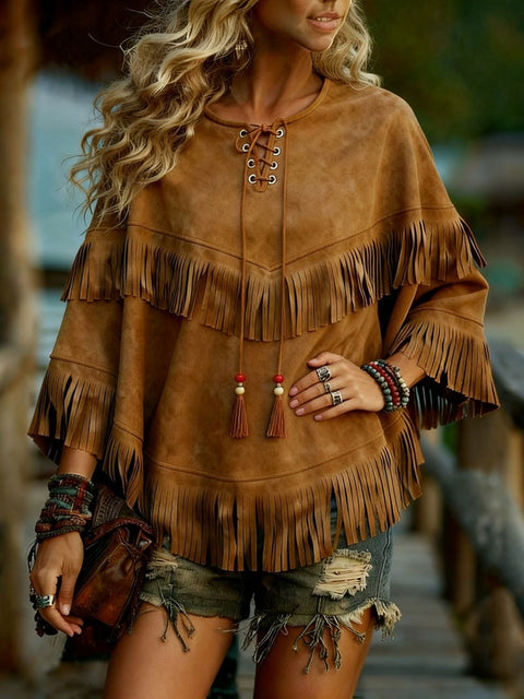 Bat Sleeve Suede Fringed Long Sleeve Ethnic Shawl Vest Female FF303323