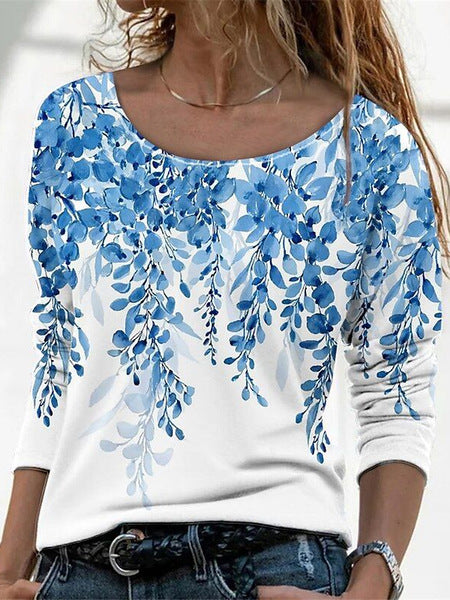 3D printed women's casual flower crew neck long-sleeved t-shirt top m301719