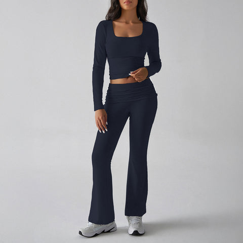 Solid color casual knitted long-sleeved top yoga suit two-piece pants set m301815