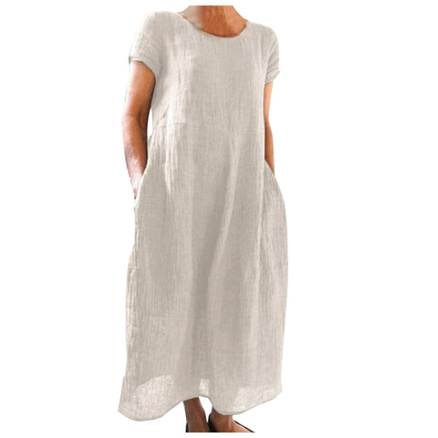 Solid color retro loose cotton and linen dress m301060