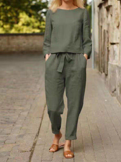 Linen suit women's fashion solid color casual two-piece set m300052