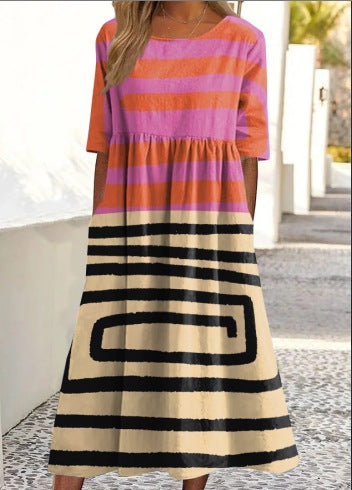 Up and down splicing pocket size printing big wide dress m301712