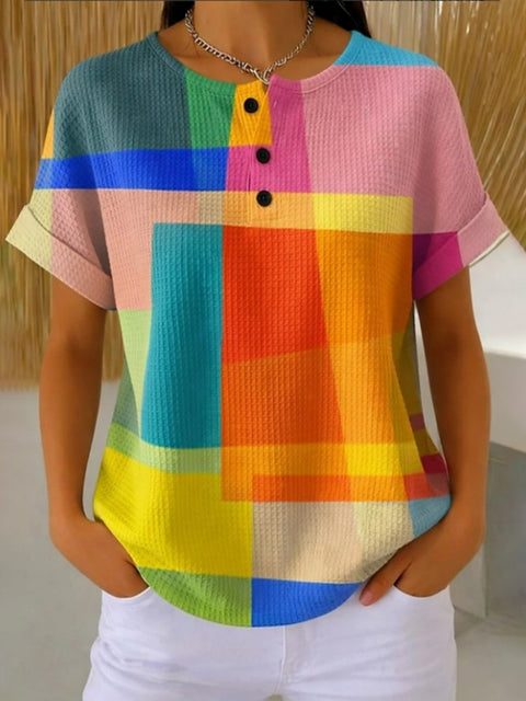 Geometric print henry collar short sleeve t-shirt women m302674