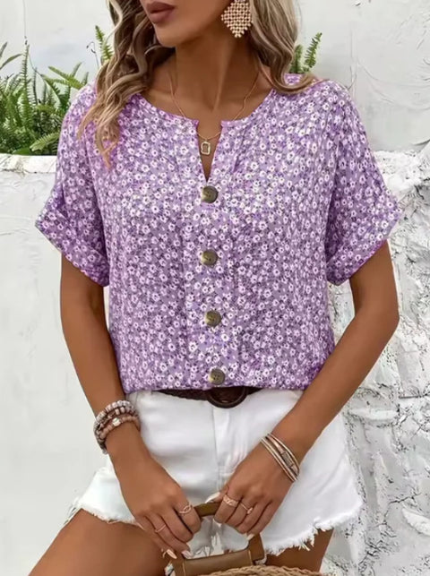 Plant Jacquard V-Neck T-Shirt Short Sleeve Women's Casual m302704