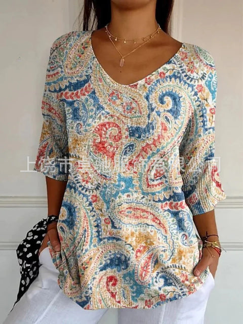 V-neck 3D printed geometric pattern five-quarter sleeve T-shirt top m302777