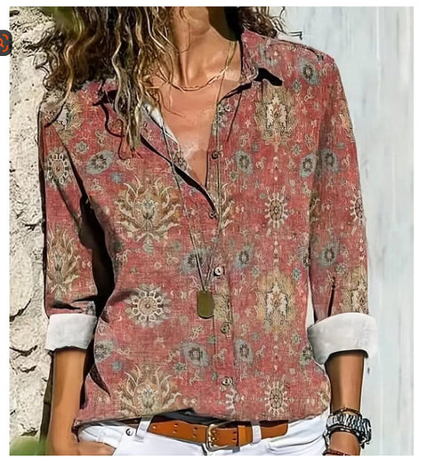 3D digital printing abstract pattern women's long-sleeved buckle linen shirt m302749 -2