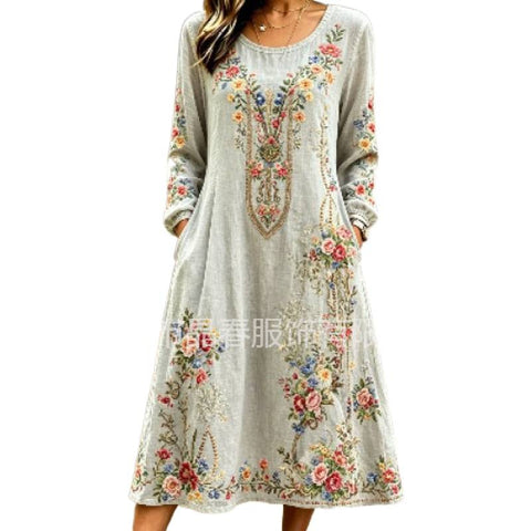 Mid-waist women's casual crew neck print women's dress FF303278