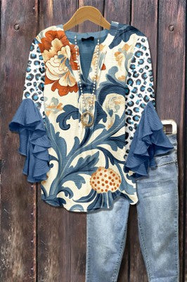 Creative floral element printing digital printing casual trend V-neck lotus edge T-shirt m301352