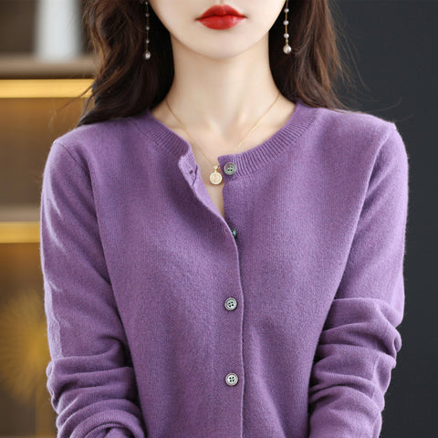 Knitted cardigan early spring crew neck sweater women's long-sleeved solid color versatile jacket women's m301748