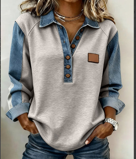 Wind knitted lapel long-sleeved shirt women's autumn and winter versatile casual shirt splicing denim m302241
