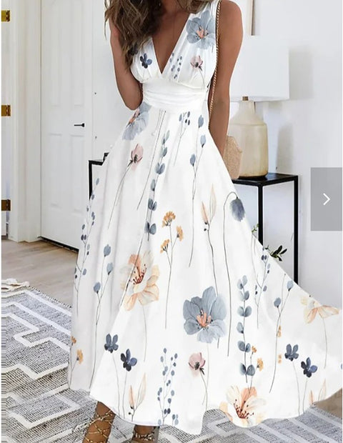 Women's new V-neck with lining high waist sleeveless printed sexy vest dress m301267
