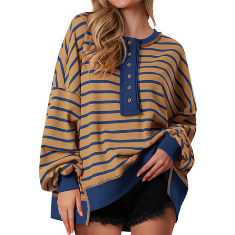 V-neck contrasting stripes loose long-sleeved women's t-shirt top FF303304
