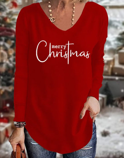 Loose 3D V-neck long-sleeved T-shirt women's Christmas printed bottoming shirt m302098