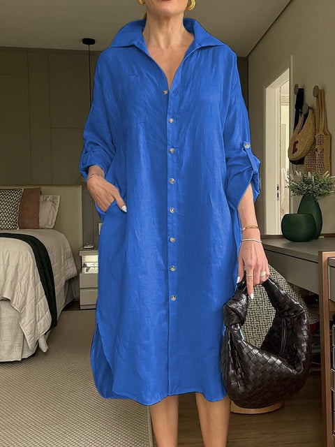 Women's dress cotton and linen shirt long dress fashion casual long sleeve cardigan dress m301932